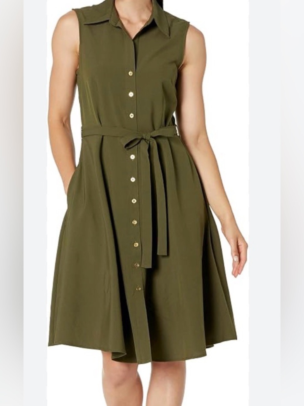 Sharagano Olive Green Sleeveless Button-Front Midi Dress with Waist Tie